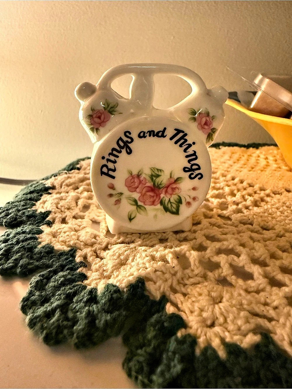 Vintage Rings and Things Alarm Clock Ring Holder Floral Ceramic Decor